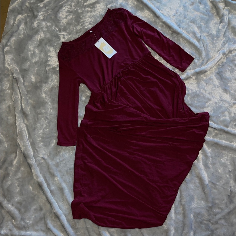 NWT Burgundy Wine Lace Yoke Maxi Dress Peasant Empire Waist Long Sleeve Size Med